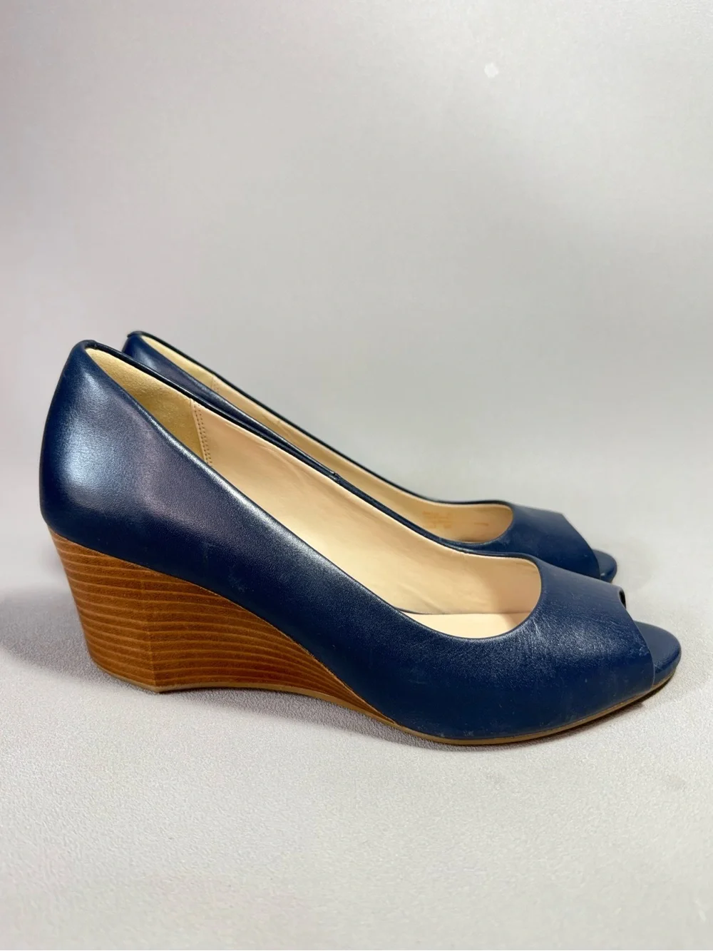 Cole Haan Sadie Navy Peep-Toe Leather Wedge Pumps